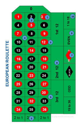 A Roulette Baize and a diagrammatic explanation on how to play and place bets on this classic casino game